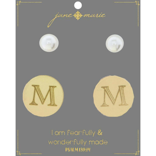 Set of 2, Pearl with Engraved "M" on Gold Disk Stud Earring