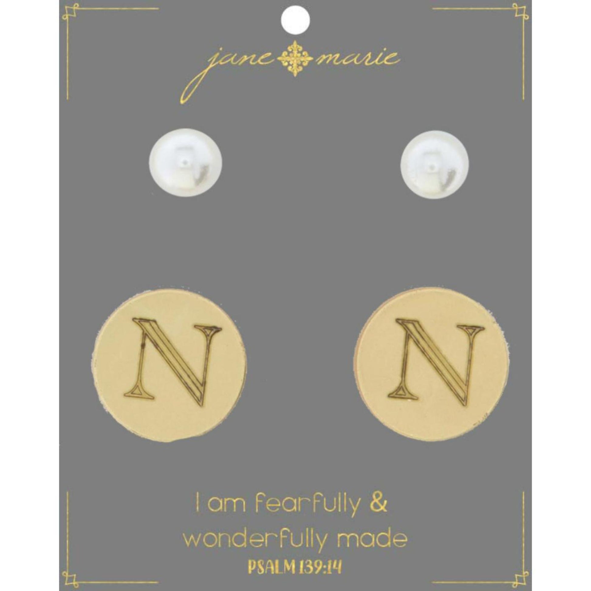 Set of 2, Pearl with Engraved "N" on Gold Disk Stud Earring