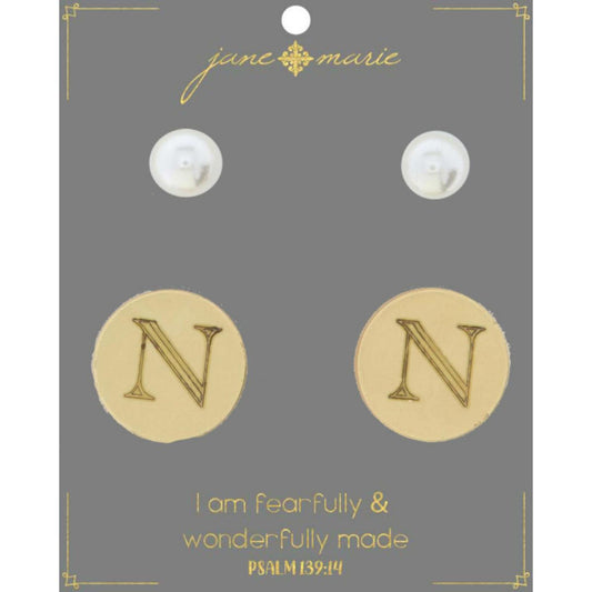 Set of 2, Pearl with Engraved "N" on Gold Disk Stud Earring