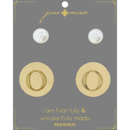 Set of 2, Pearl with Engraved "O" on Gold Disk Stud Earring