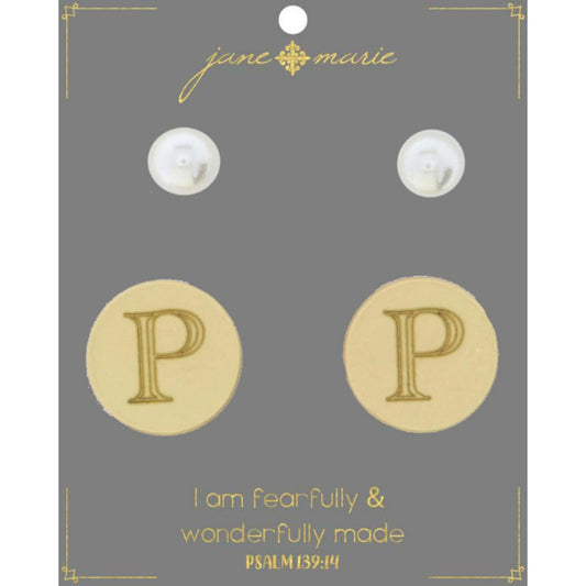 Set of 2, Pearl with Engraved "P" on Gold Disk Stud Earring