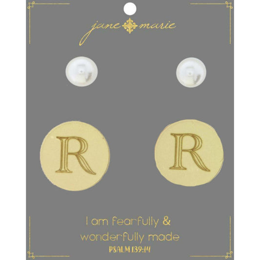 Set of 2, Pearl with Engraved "R" on Gold Disk Stud Earring
