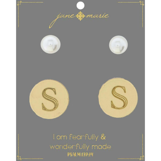 Set of 2, Pearl with Engraved "S" on Gold Disk Stud Earring