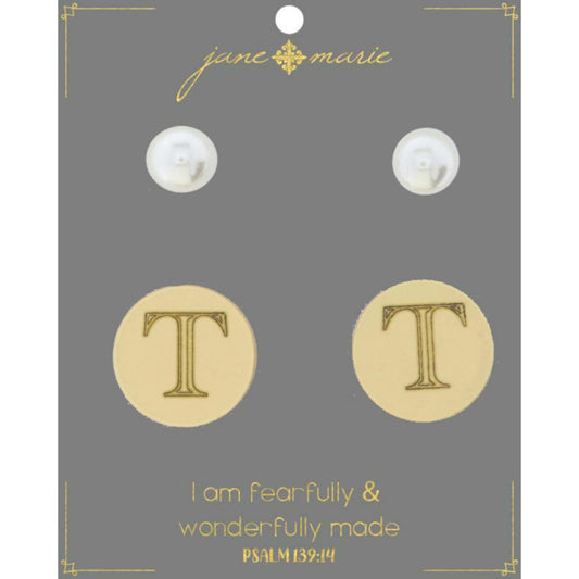 Set of 2, Pearl with Engraved "T" on Gold Disk Stud Earring