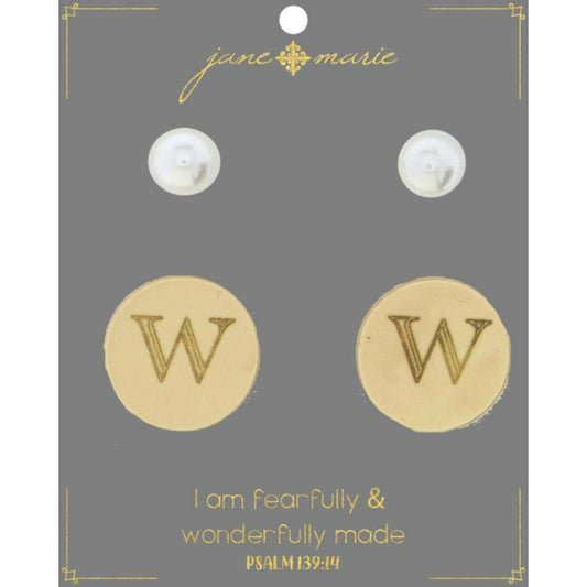 Set of 2, Pearl with Engraved "W" on Gold Disk Stud Earring