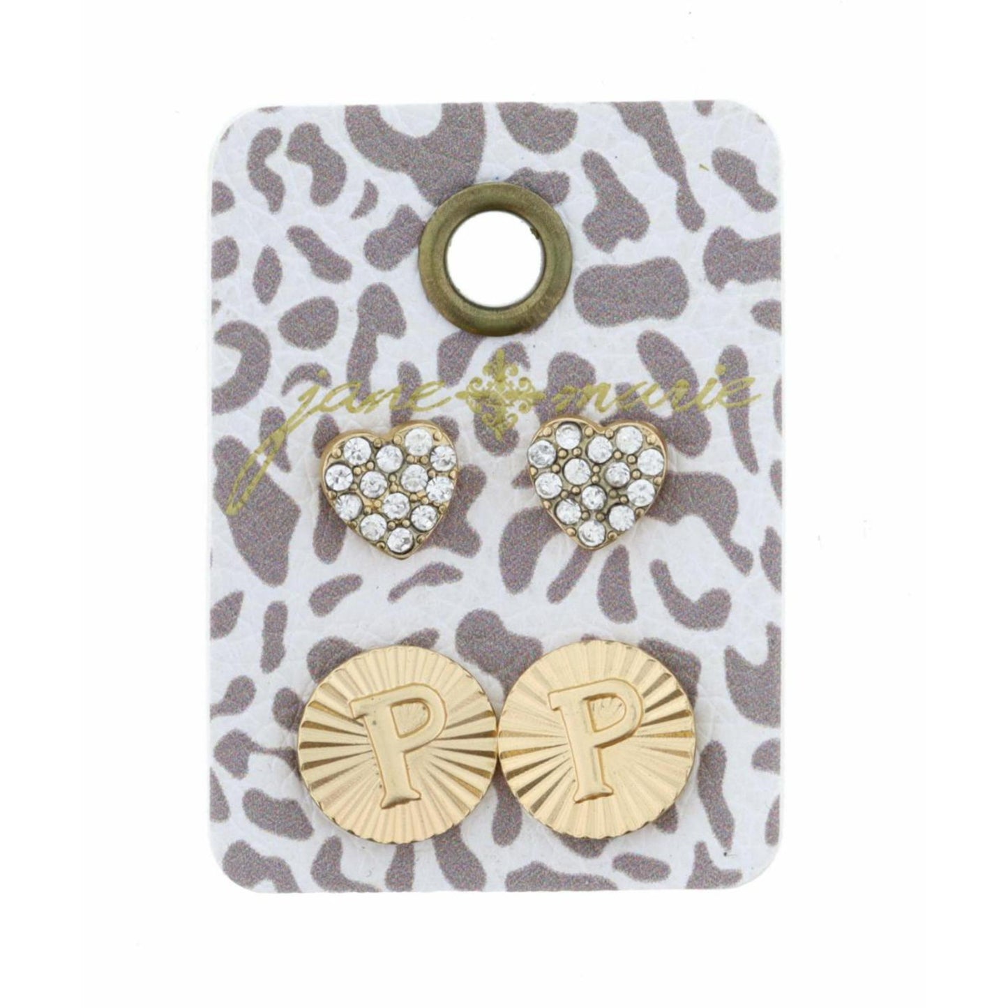 Set of 2, Crystal Heart and Gold Textured Disc with Initial "P" Earrings