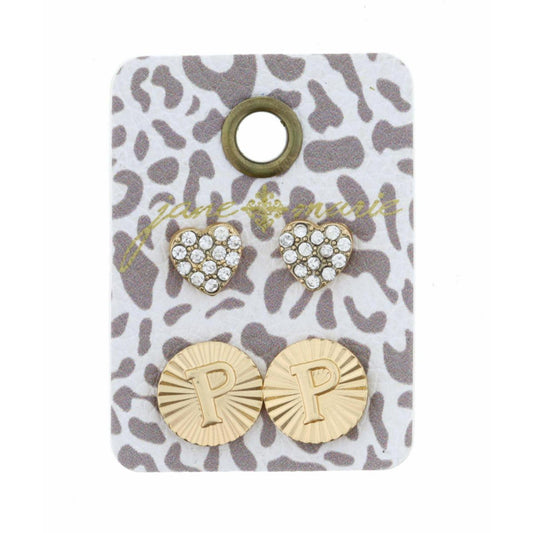 Set of 2, Crystal Heart and Gold Textured Disc with Initial "P" Earrings