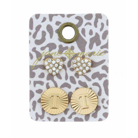 Set of 2, Crystal Heart and Gold Textured Disc with Initial "T" Earrings
