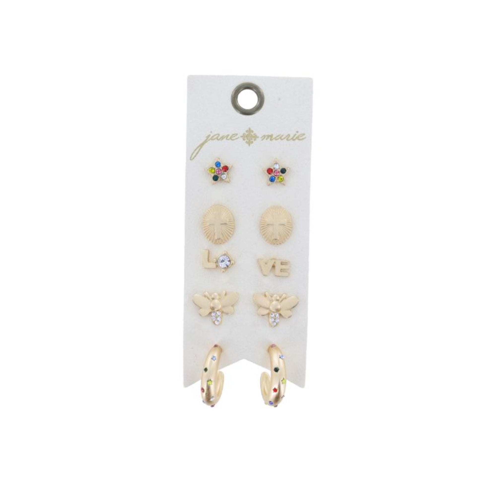 Crystal Star, Cross Oval, "LOVE" Studs, Bee, Hoop with Crystals Earrings