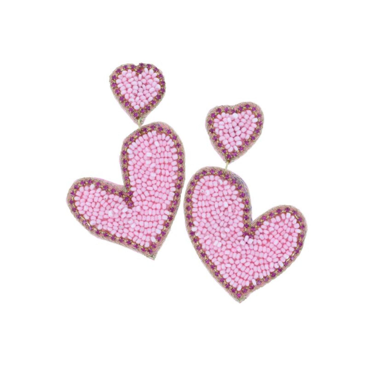 Pink Seed Bead and Mini Crystal Hearts Earrings