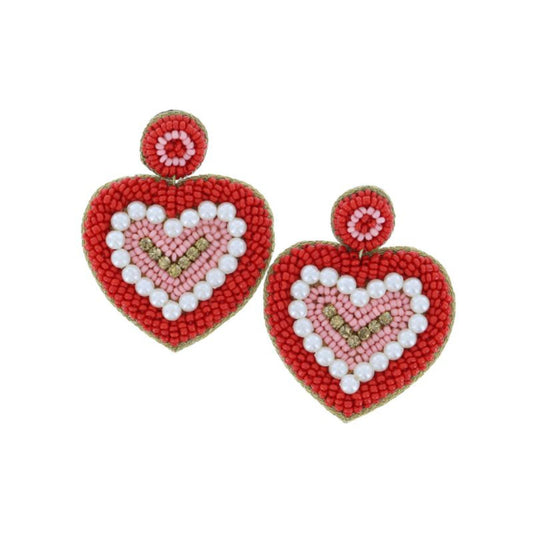 Red and Pink Seed Bead Heart with Pearls and Champagne Crystals Earrings