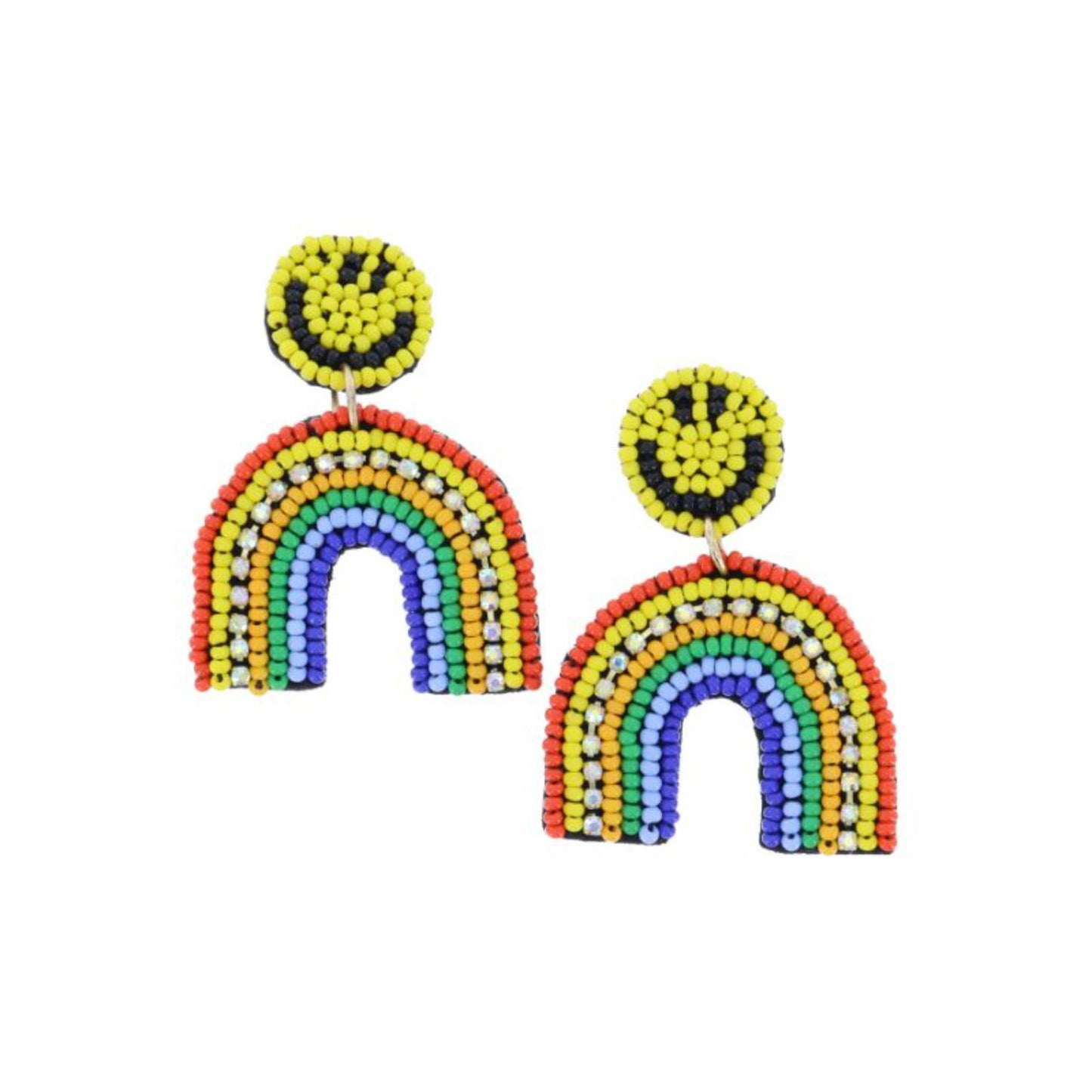 Seed Bead Happy Face Post with Multi Seed Bead and AB Crystal Rainbow Earrings