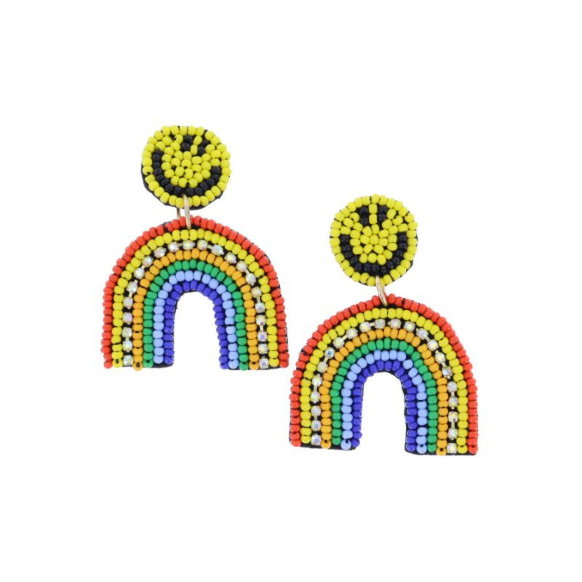Seed Bead Happy Face Post with Multi Seed Bead and AB Crystal Rainbow Earrings