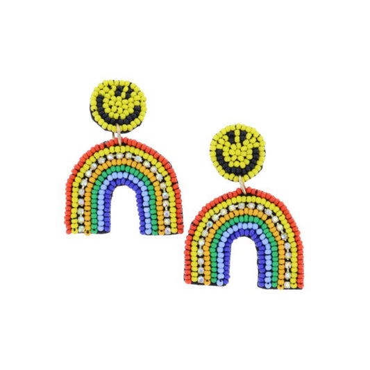 Seed Bead Happy Face Post with Multi Seed Bead and AB Crystal Rainbow Earrings