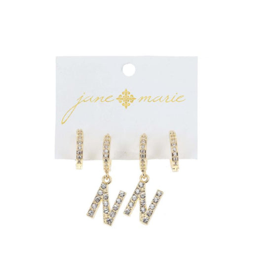 Set of 2, Crystal Huggie, Crystal Huggie with Crystal "N" Earrings
