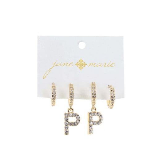 Set of 2, Crystal Huggie, Crystal Huggie with Crystal "P" Earrings