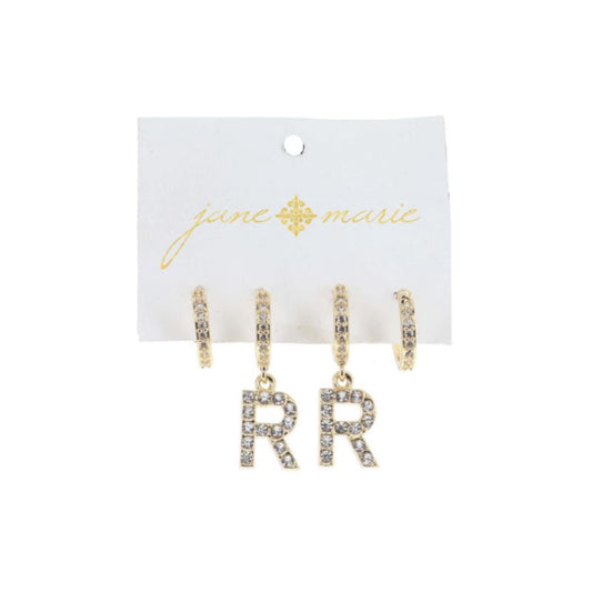 Set of 2, Crystal Huggie, Crystal Huggie with Crystal "R" Earrings