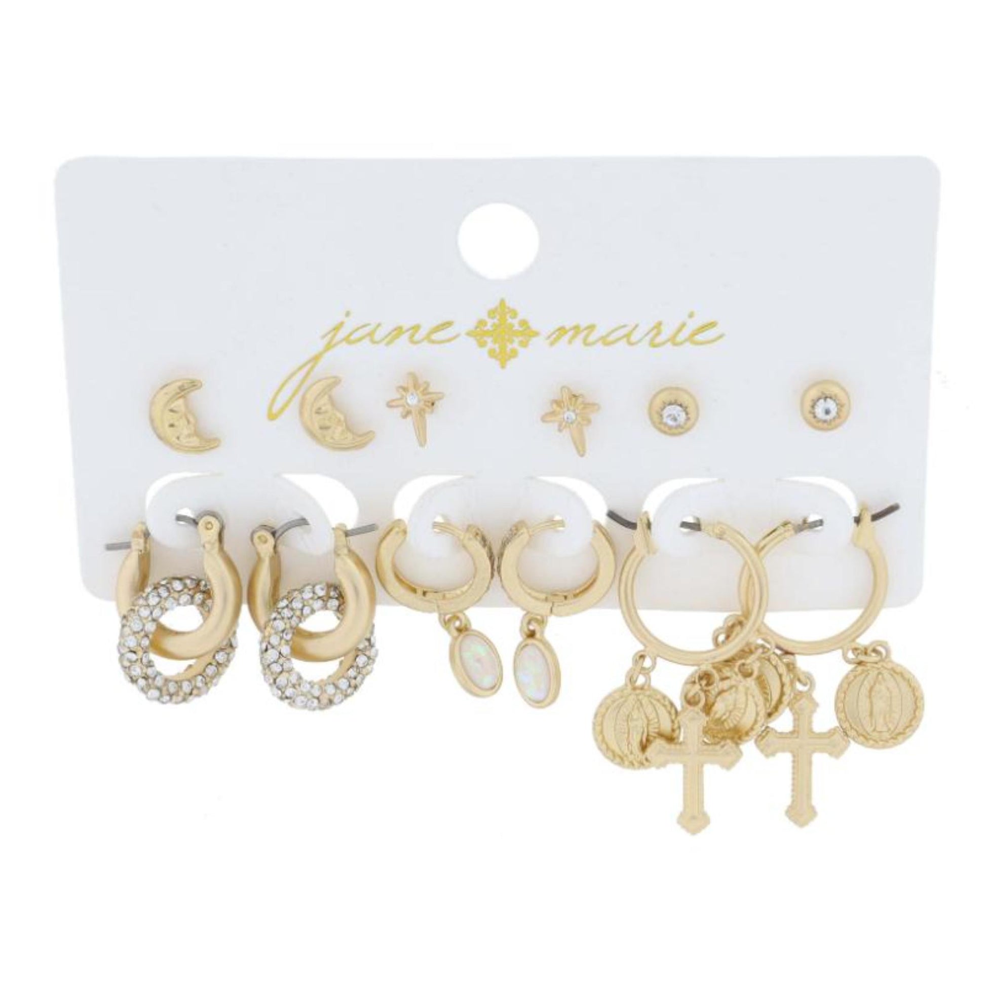 3 Stud, Sunburst, and 3 Hoops, Medallions Earrings, .25", .25", .15", .85",.85", 1.35" Top to Bottom