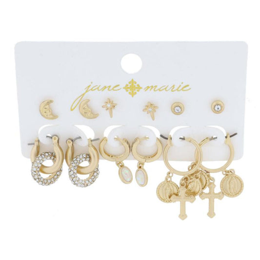 3 Stud, Sunburst, and 3 Hoops, Medallions Earrings, .25", .25", .15", .85",.85", 1.35" Top to Bottom