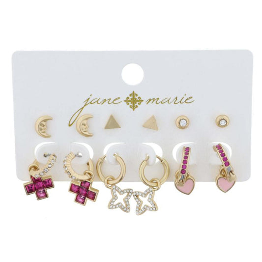 3 Stud, and 3 Hoops, Pink Cross, Pink Heart Earrings, .25", .15", .15", .85",.85",.85" Top to Bottom