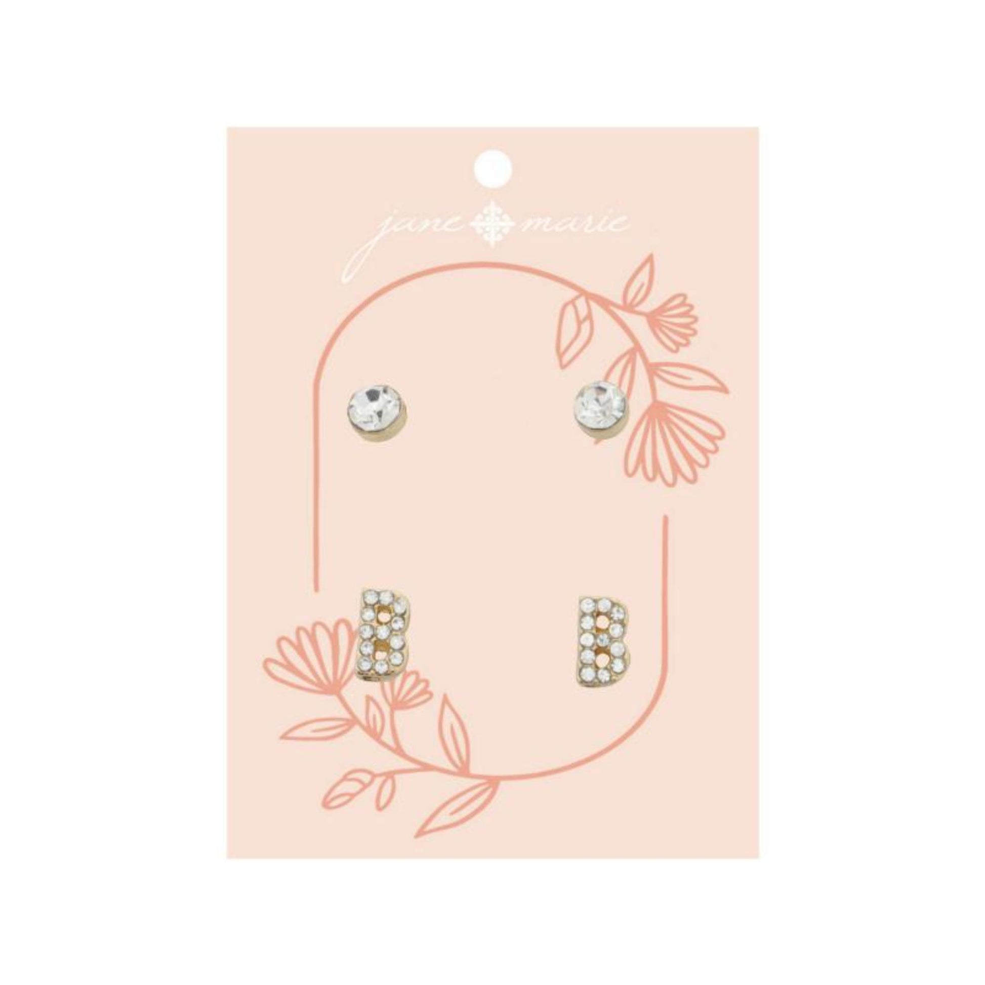 2 Stud Set, Clear Crystal, Mini Clear Crystal "B" Inital Earrings