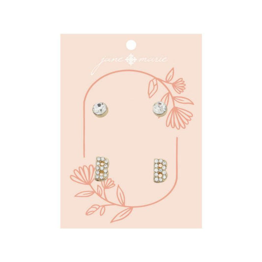 2 Stud Set, Clear Crystal, Mini Clear Crystal "B" Inital Earrings