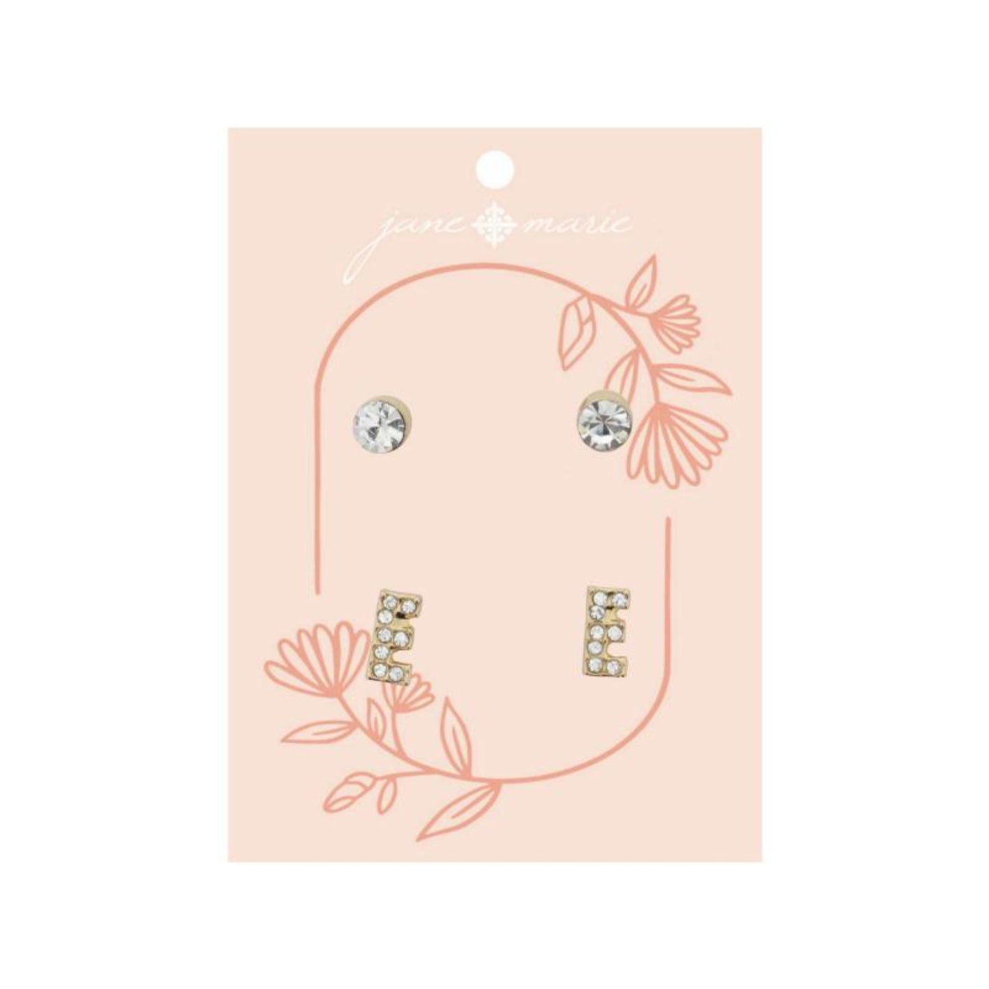 2 Stud Set, Clear Crystal, Mini Clear Crystal "E" Inital Earrings