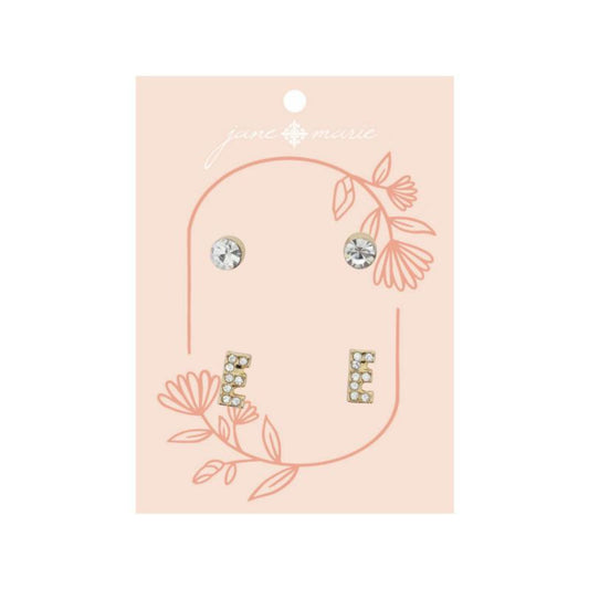 2 Stud Set, Clear Crystal, Mini Clear Crystal "E" Inital Earrings