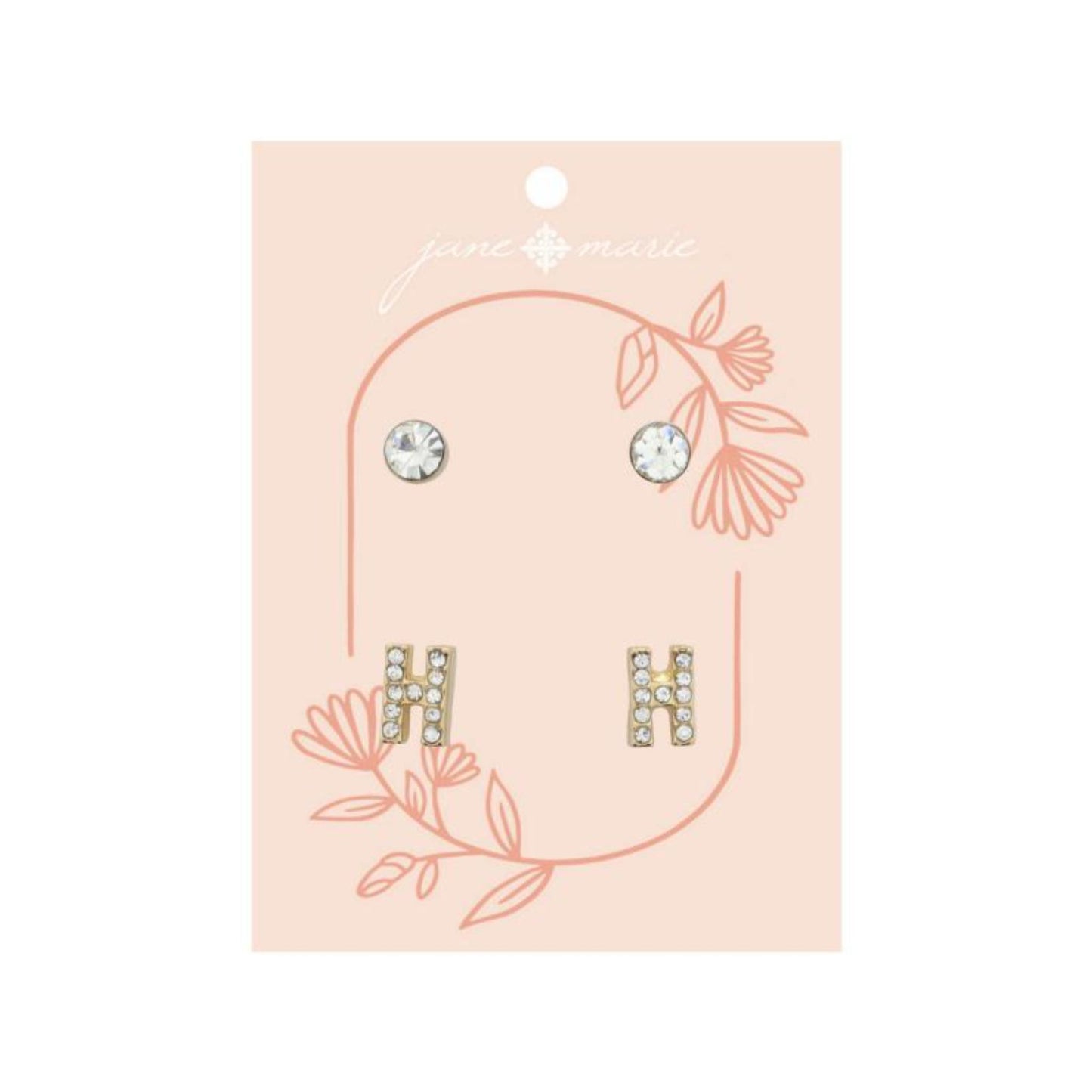 2 Stud Set, Clear Crystal, Mini Clear Crystal "H" Inital Earrings