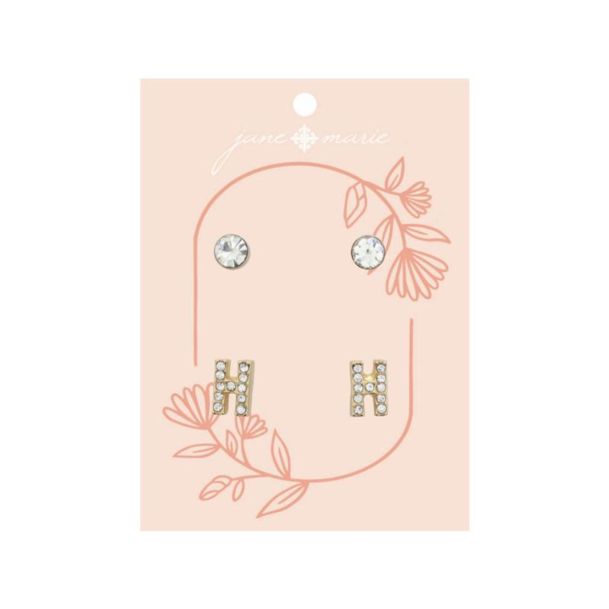 2 Stud Set, Clear Crystal, Mini Clear Crystal "H" Inital Earrings
