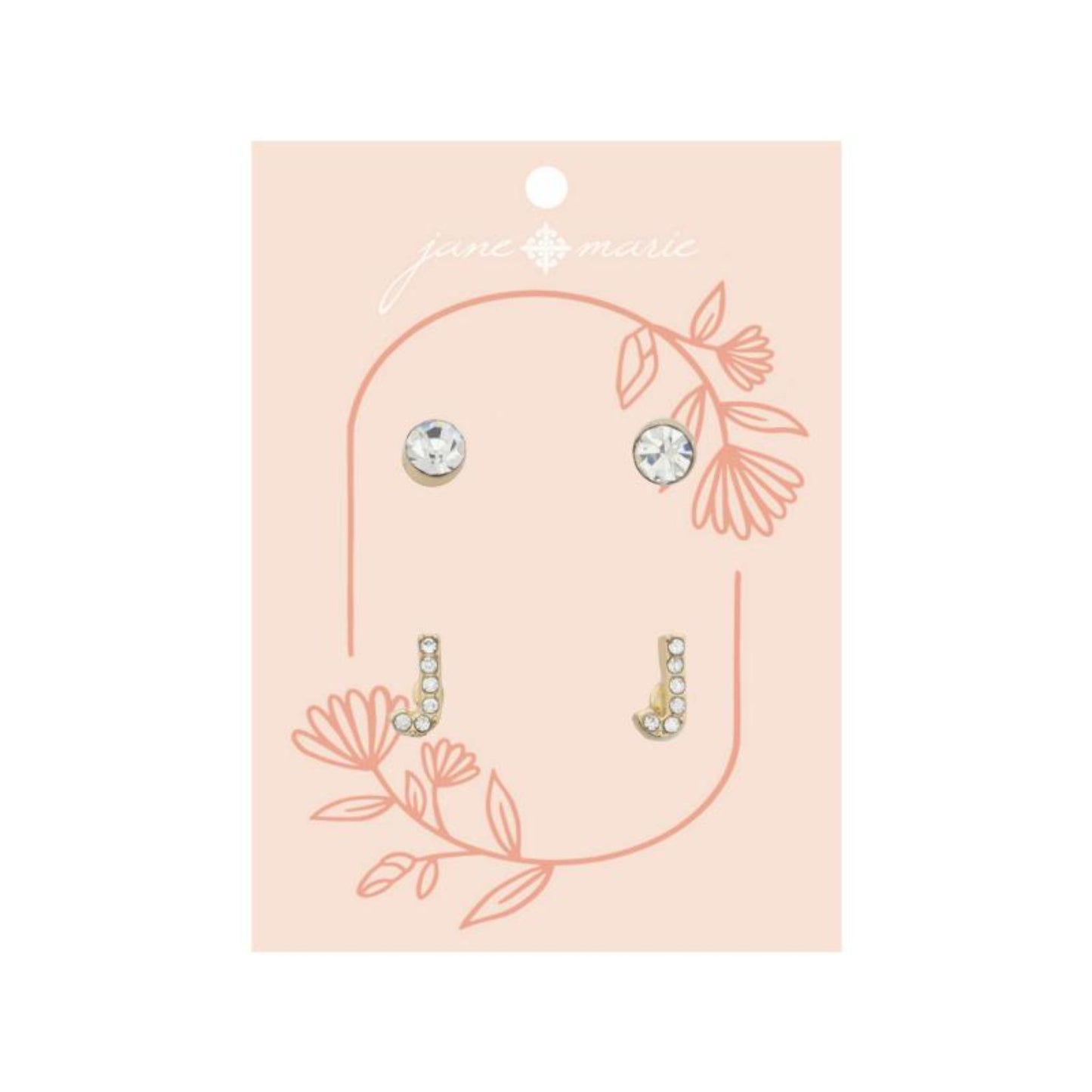 2 Stud Set, Clear Crystal, Mini Clear Crystal "J" Inital Earrings