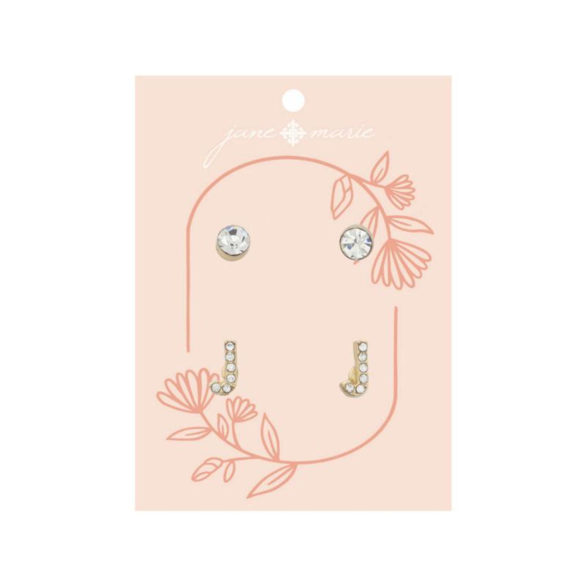 2 Stud Set, Clear Crystal, Mini Clear Crystal "J" Inital Earrings
