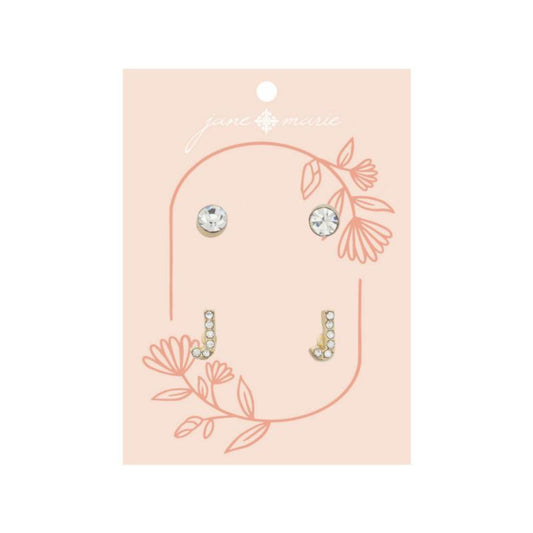 2 Stud Set, Clear Crystal, Mini Clear Crystal "J" Inital Earrings