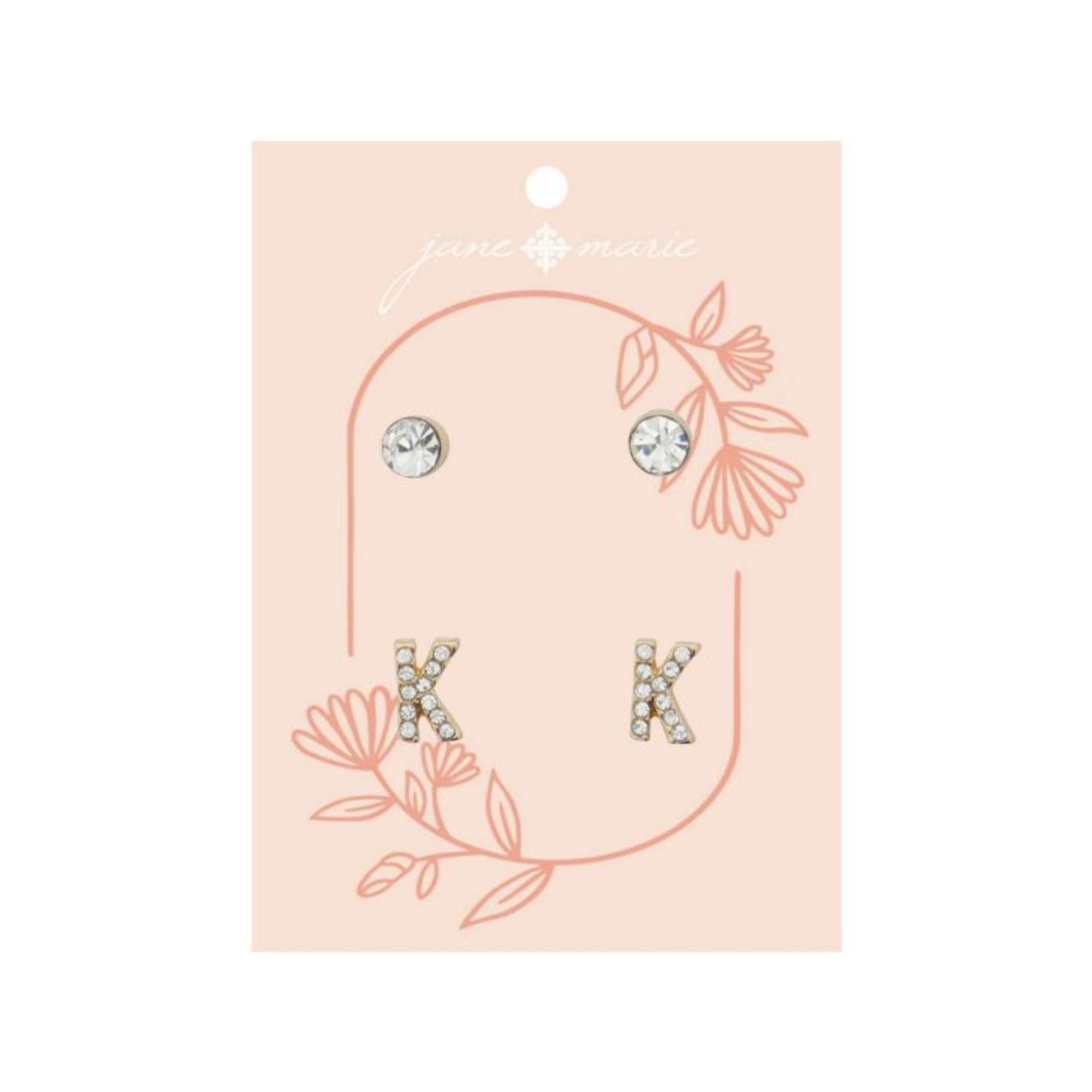 2 Stud Set, Clear Crystal, Mini Clear Crystal "K" Inital Earrings