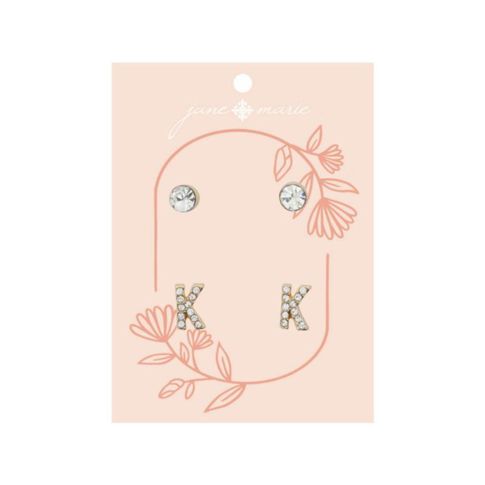 2 Stud Set, Clear Crystal, Mini Clear Crystal "K" Inital Earrings