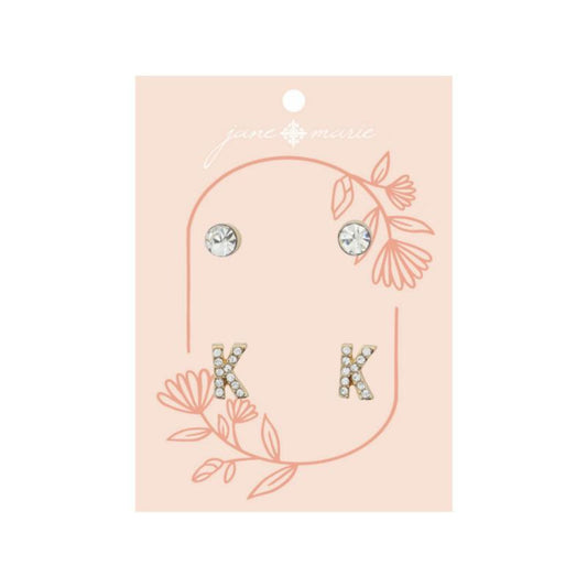 2 Stud Set, Clear Crystal, Mini Clear Crystal "K" Inital Earrings