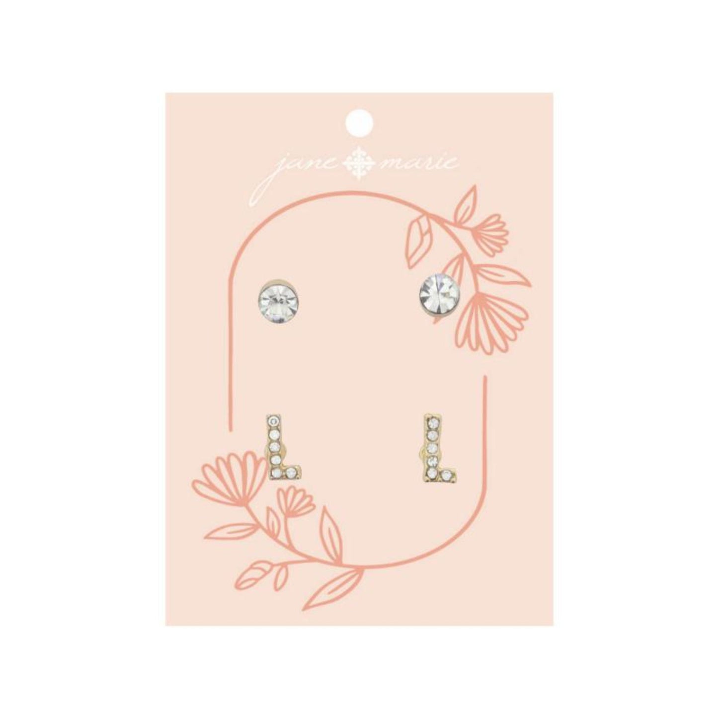 2 Stud Set, Clear Crystal, Mini Clear Crystal "L" Inital Earrings