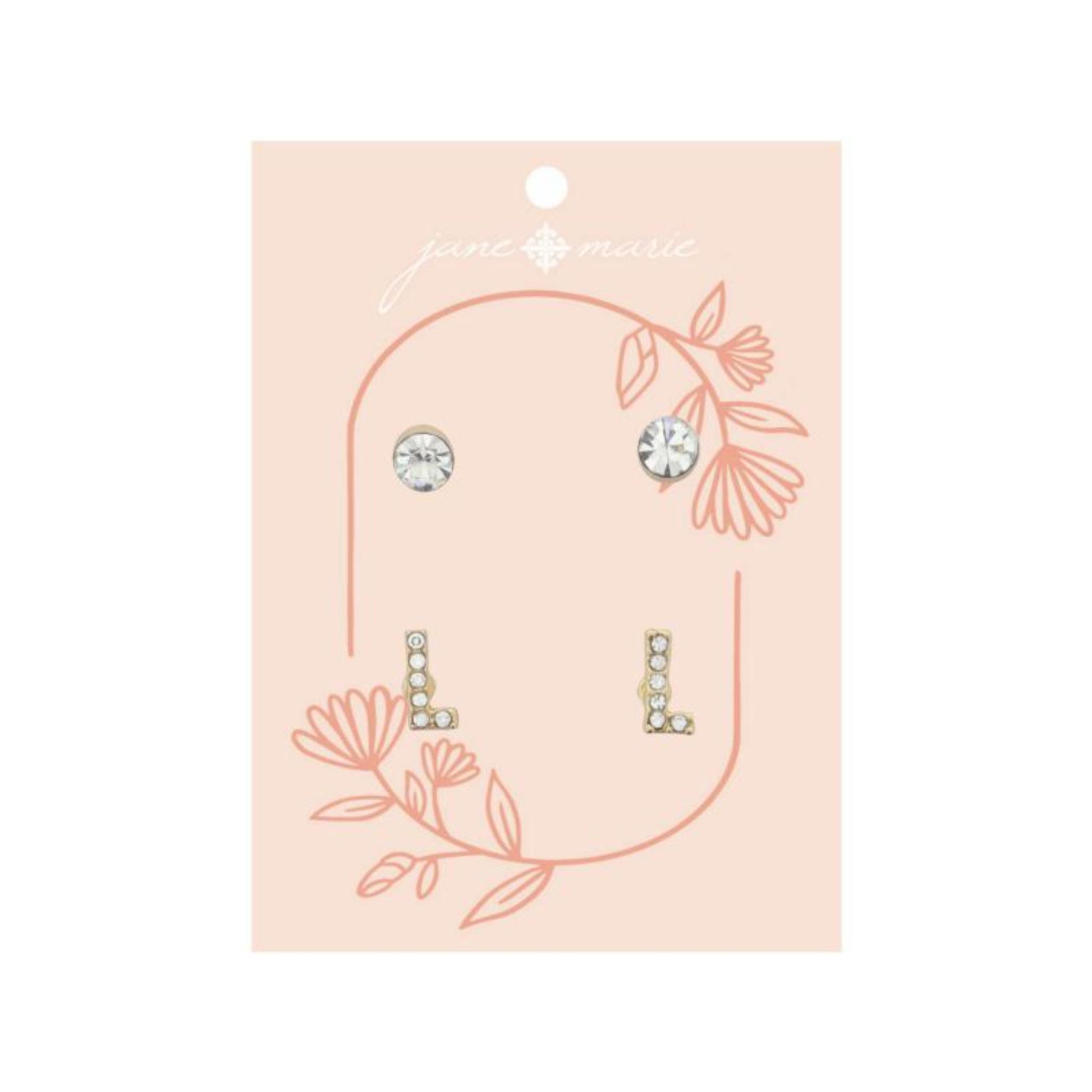 2 Stud Set, Clear Crystal, Mini Clear Crystal "L" Inital Earrings