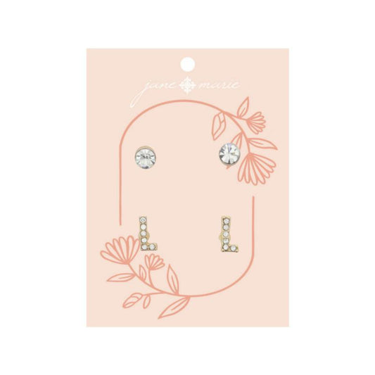 2 Stud Set, Clear Crystal, Mini Clear Crystal "L" Inital Earrings