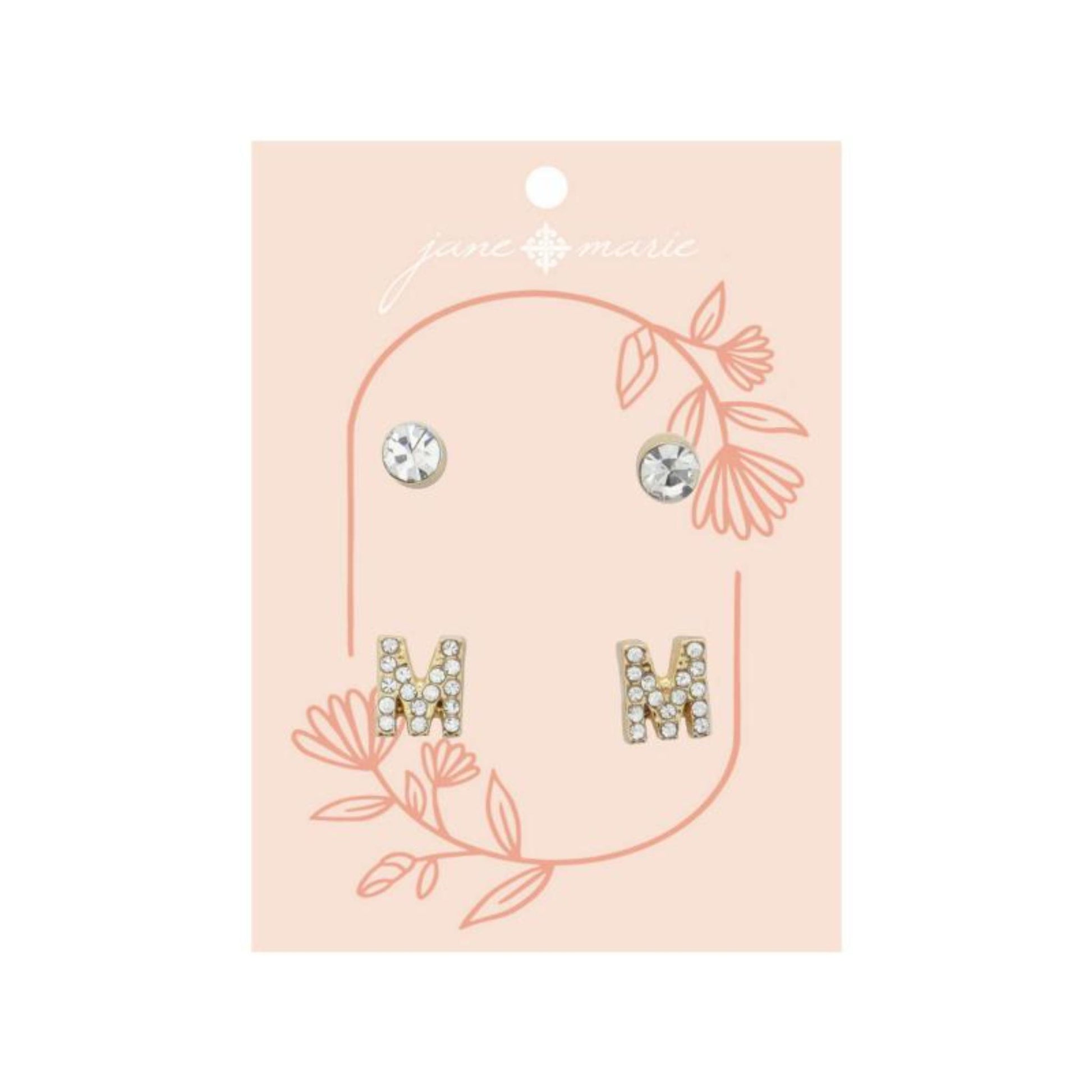 2 Stud Set, Clear Crystal, Mini Clear Crystal "M" Inital Earrings