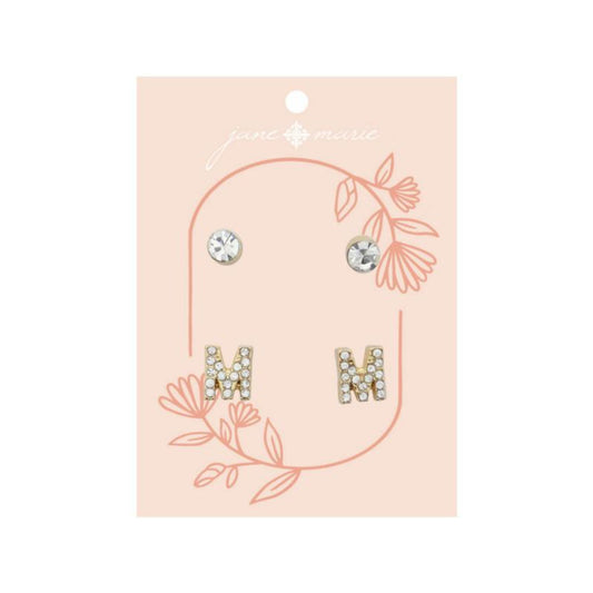 2 Stud Set, Clear Crystal, Mini Clear Crystal "M" Inital Earrings