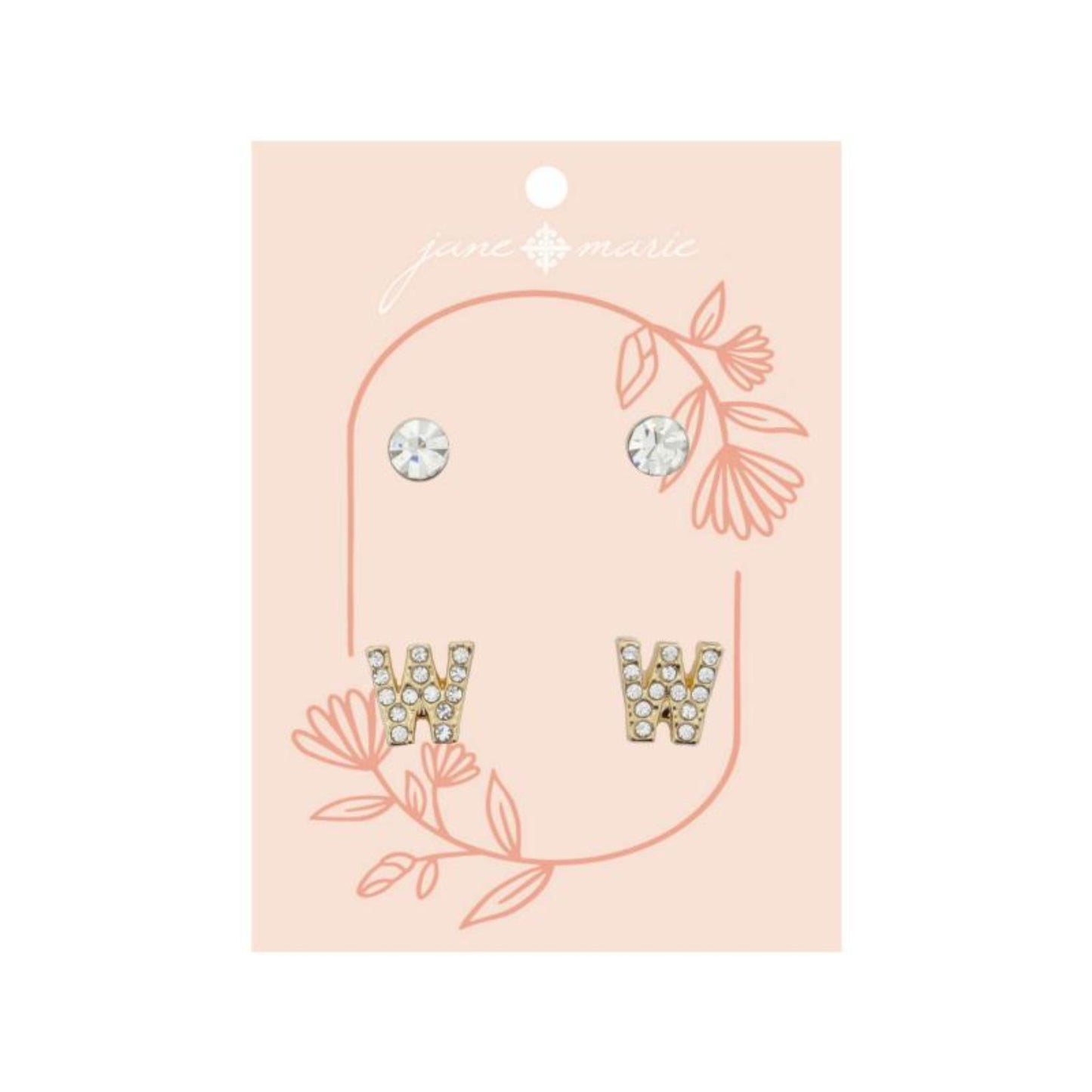 2 Stud Set, Clear Crystal, Mini Clear Crystal "W" Inital Earrings