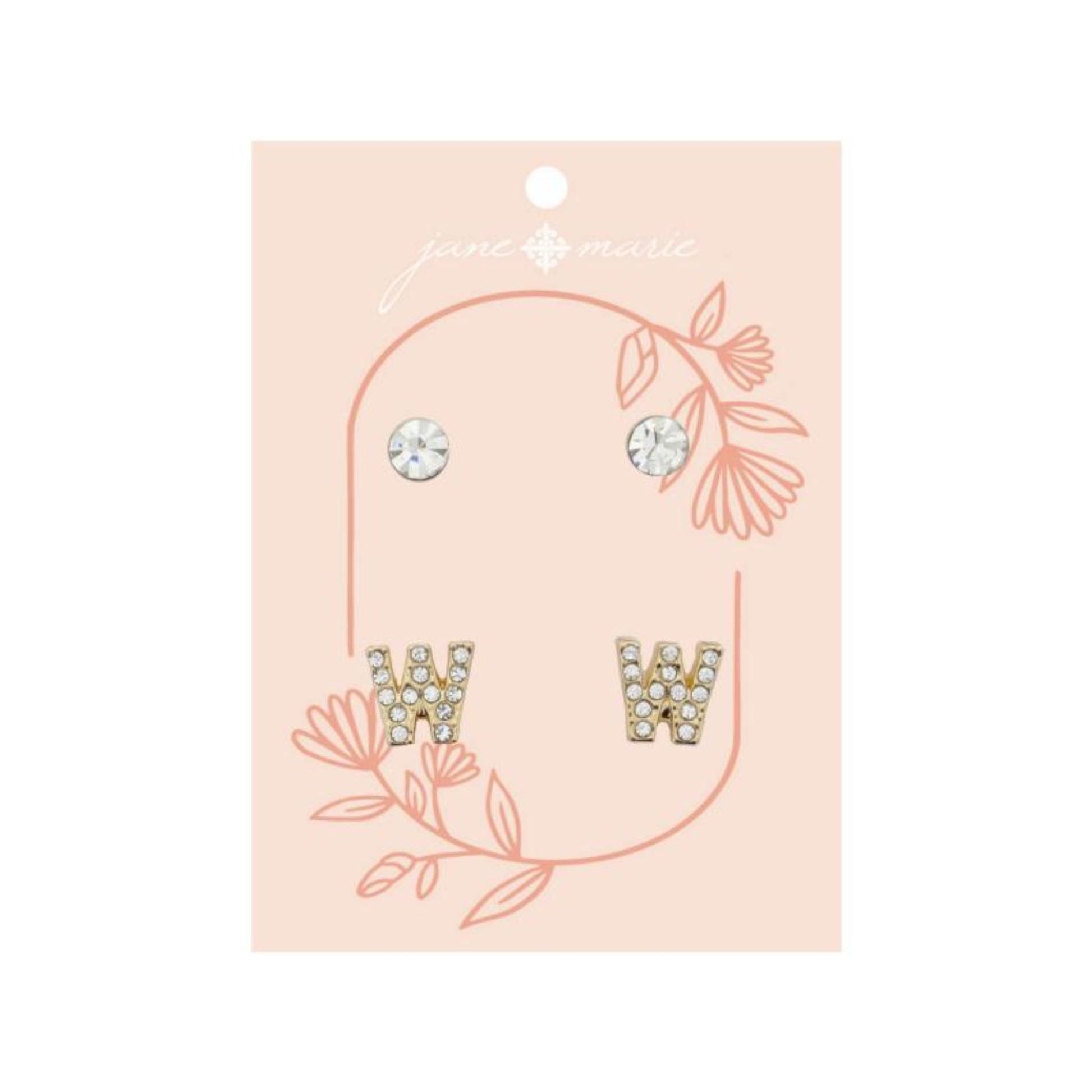 2 Stud Set, Clear Crystal, Mini Clear Crystal "W" Inital Earrings