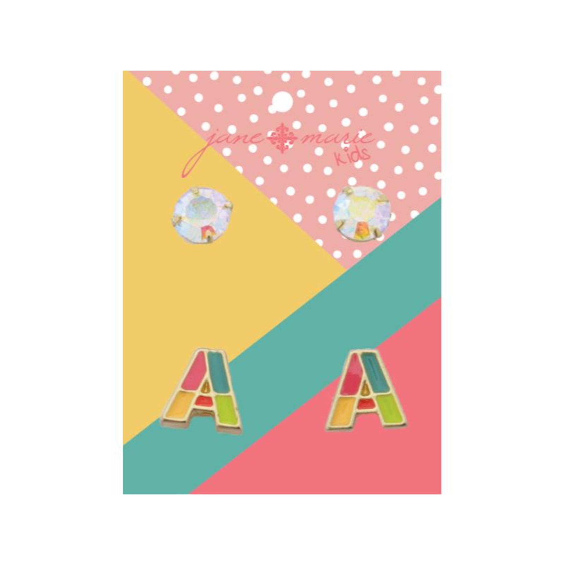 Kids 2 Stud Set, AB Crystal, Multi Enamel Colorblock "A" Initial Earrings
