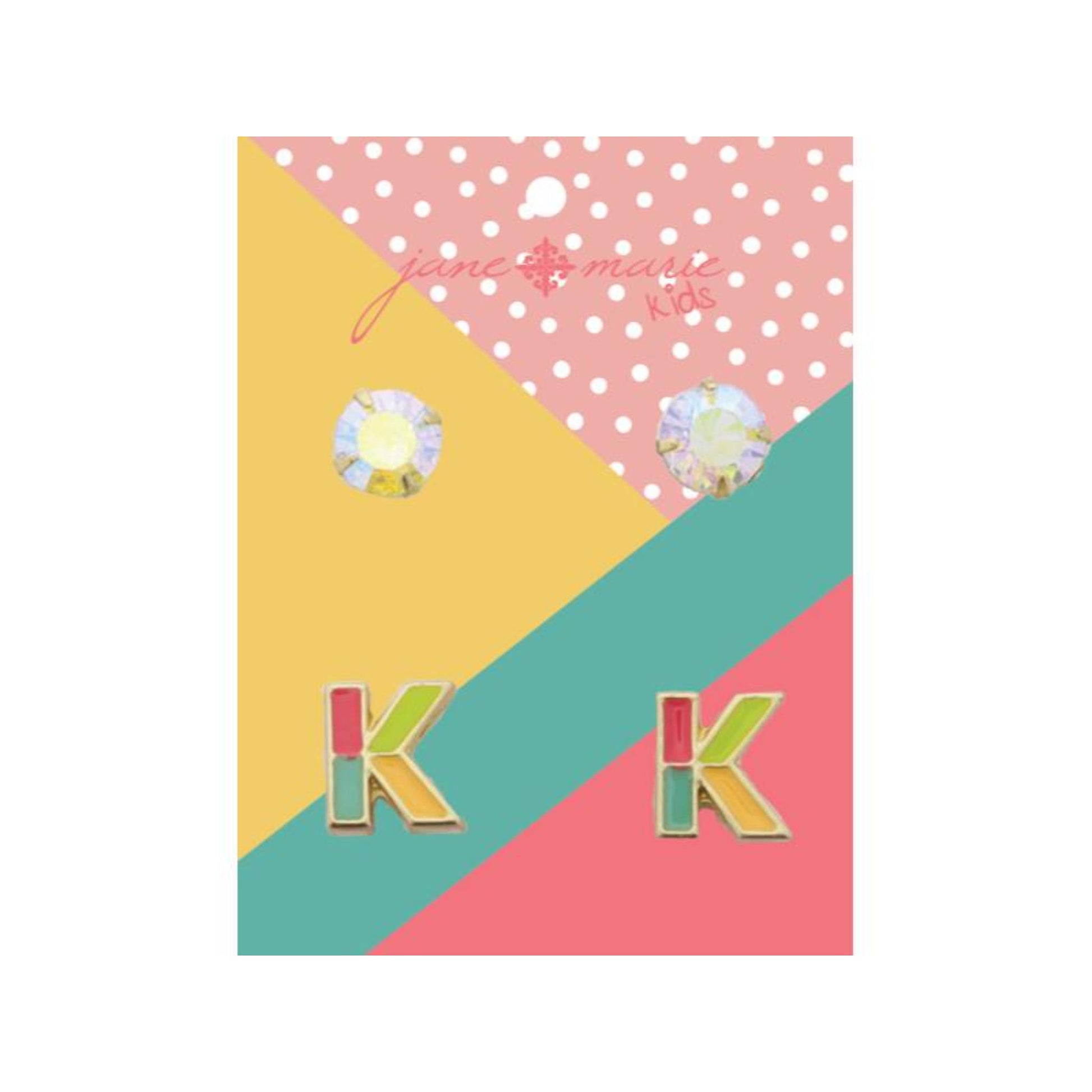 Kids 2 Stud Set, AB Crystal, Multi Enamel Colorblock "K" Initial Earrings