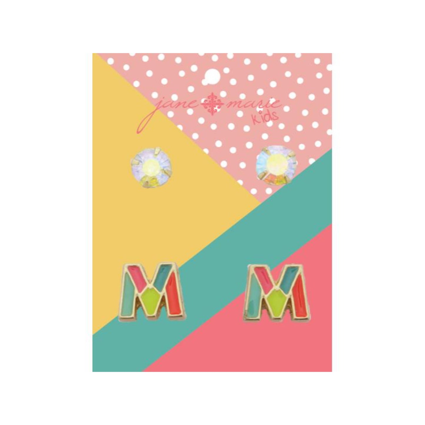 Kids 2 Stud Set, AB Crystal, Multi Enamel Colorblock "M" Initial Earrings