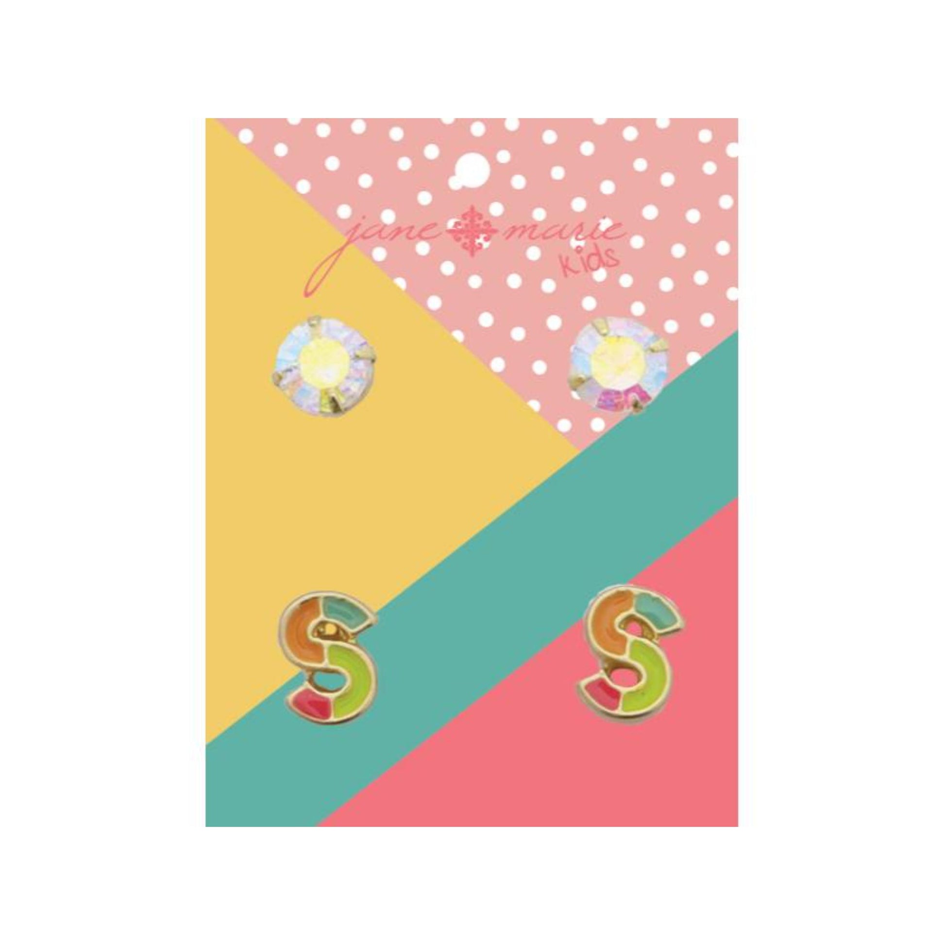 Kids 2 Stud Set, AB Crystal, Multi Enamel Colorblock "S" Initial Earrings