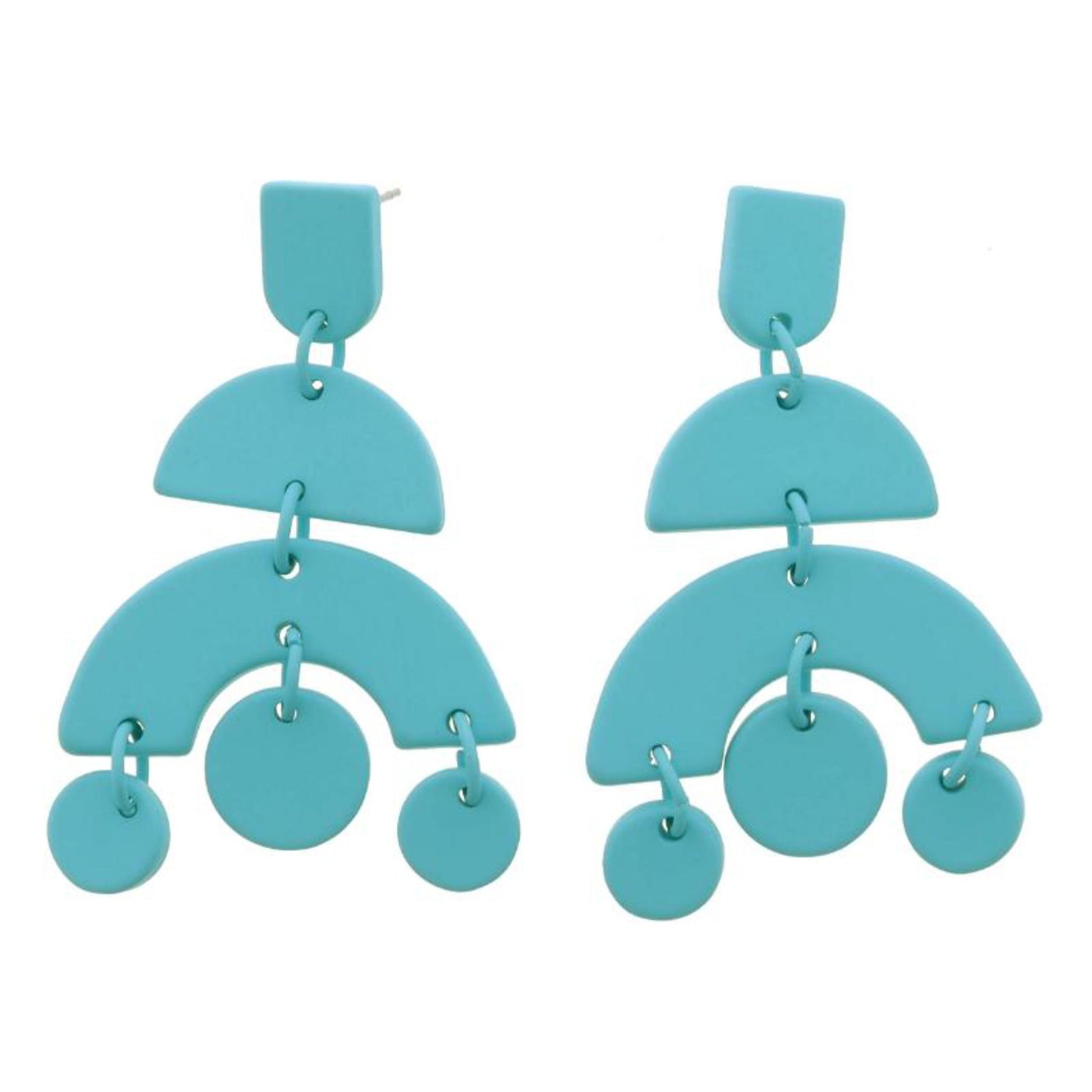 Teal U Post and Tiered Half Circles with Circle Dangles Earrings
