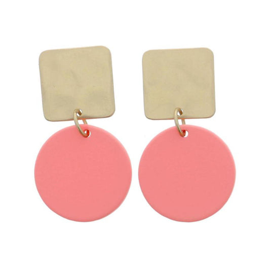 Gold Hammered Square Post with Coral Circle Earrings