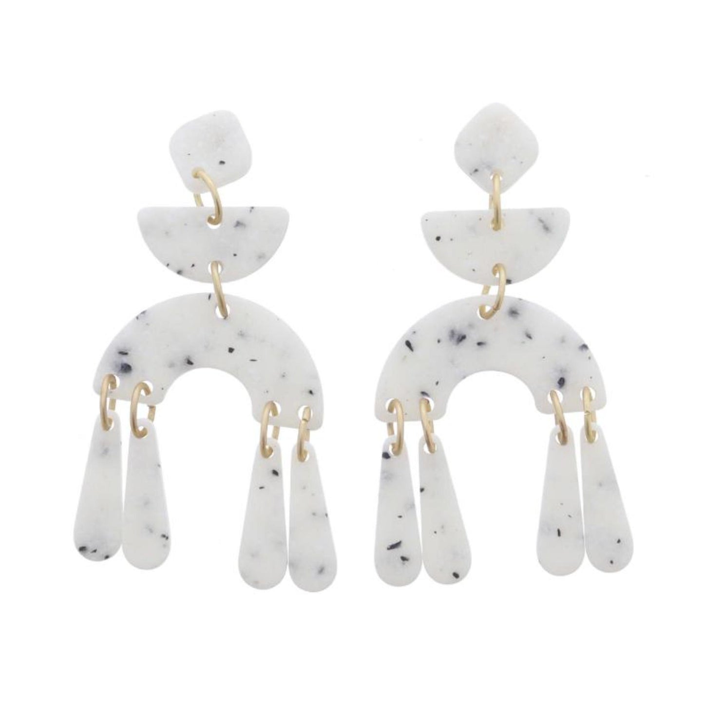 Speckled Diamond Post and Tiered Half Circles with Teardrop Fringe Earrings